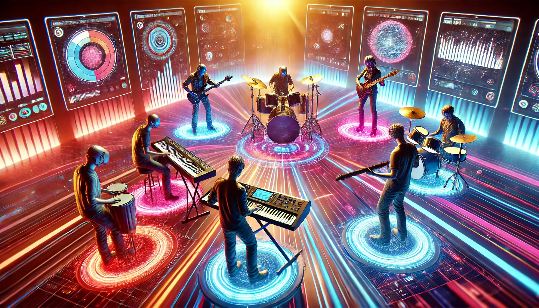 Five avatars in a VR environment, playing instruments together