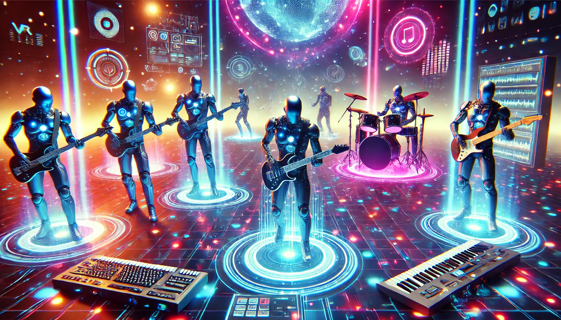 A futuristic band playing virtual instruments in a glowing VR space