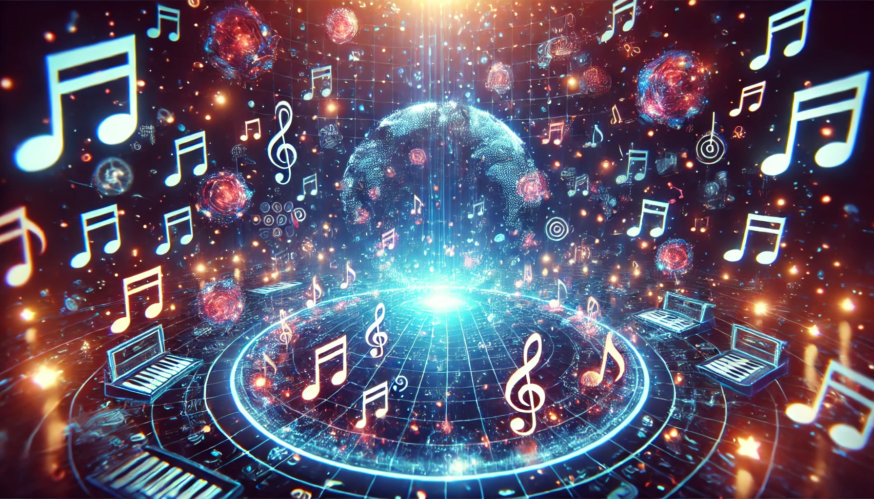 A glowing VR space filled with musical notes and virtual instruments